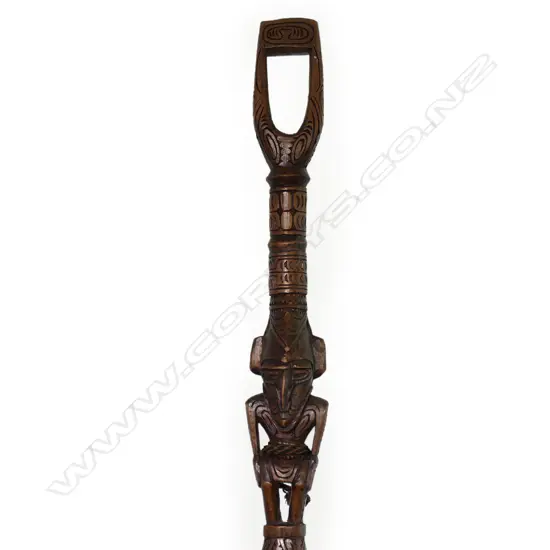 Massim PNG three-figure carved ornate stick w snake to base,